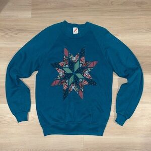 Vintage Jerzees Teal Crewneck Sweater with Floral Star Design